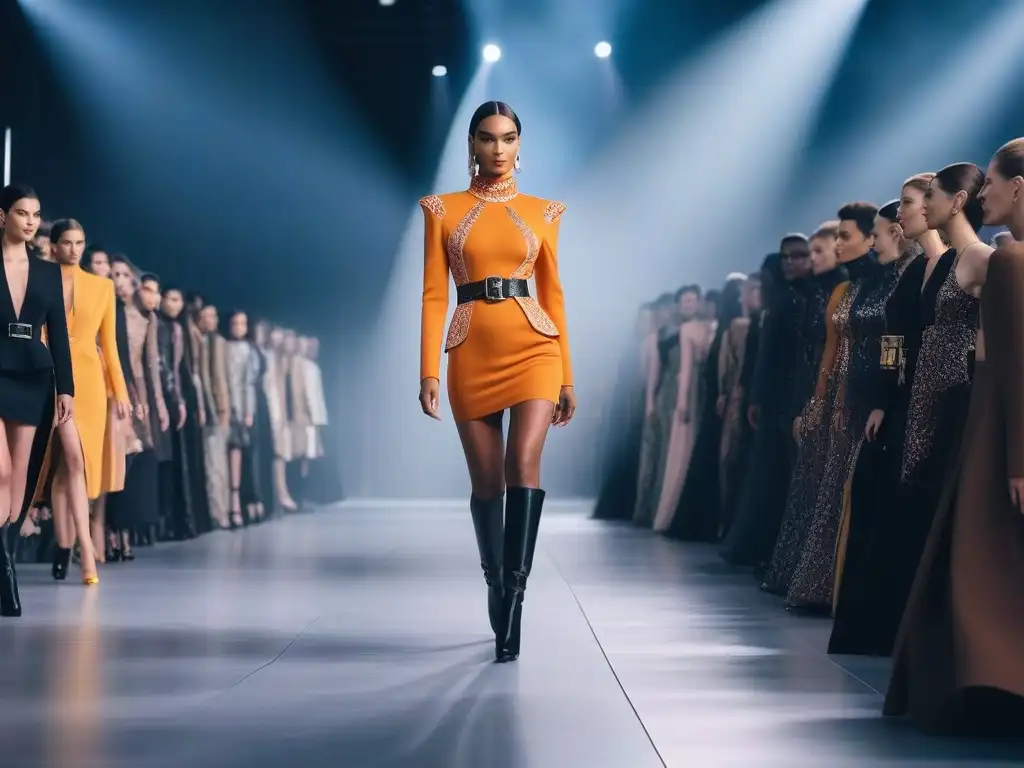 Desfile de moda Louis Vuitton: diversidad y elegancia en la pasarela Un desfile de moda inclusiva para todos los cuerpos, con modelos diversos luciendo diseños de Louis Vuitton en una pasarela futurista y elegante