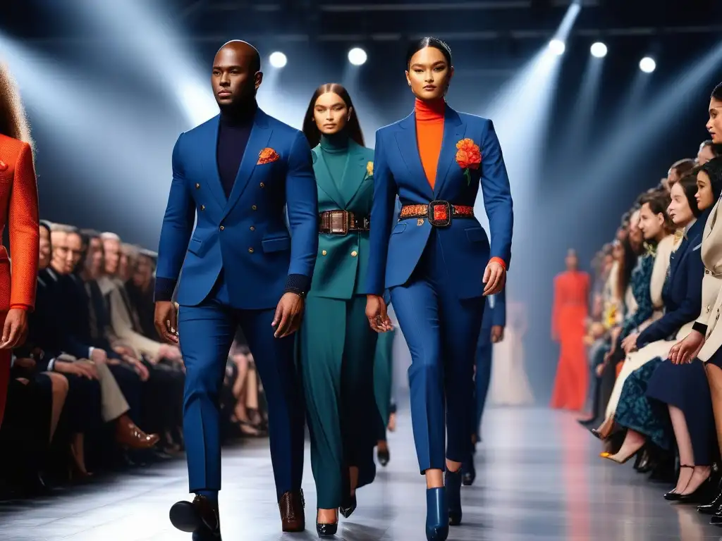 Desfile de moda Ralph Lauren: diversidad y estilo en pasarela Desfile de moda inclusiva para todos los cuerpos con modelos diversos luciendo diseños de Ralph Lauren en una pasarela brillante y moderna