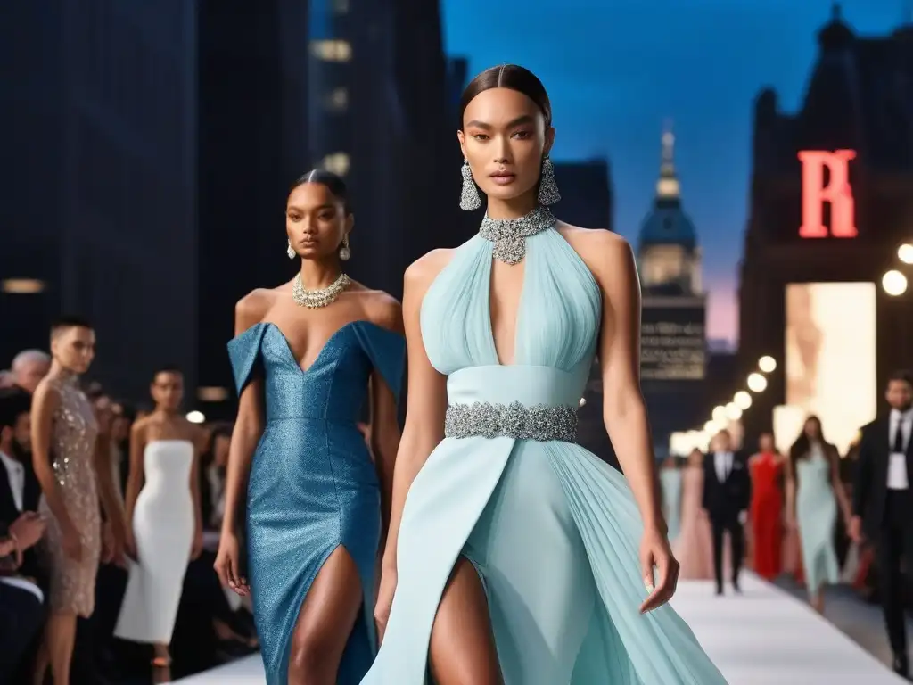 Desfile de moda inclusivo con modelos de Oscar de la Renta Desfile de moda inclusiva para todos los cuerpos con diseño de Oscar de la Renta en una pasarela de luces urbanas