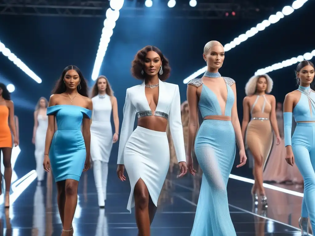 Desfile inclusivo de modelos diversos en pasarela futurista Desfile de moda inclusiva para todos los cuerpos: modelos diversos con confianza y lujo en la pasarela futurista