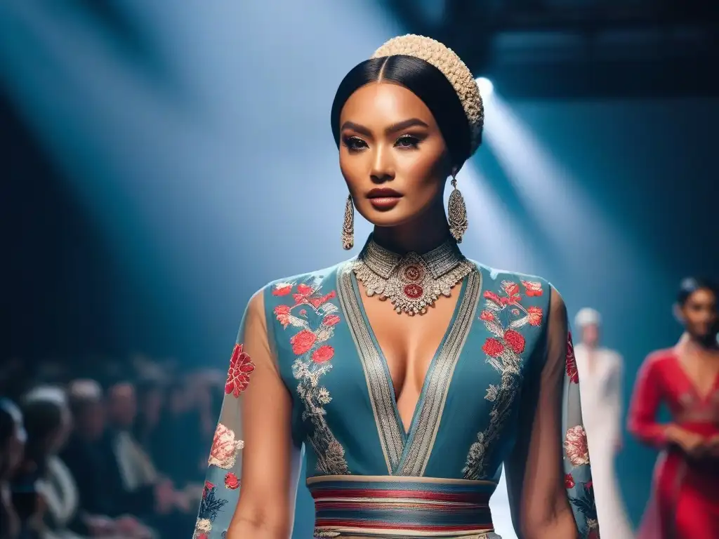Desfile multicultural: moda inclusiva y diversa Desfile de moda inclusiva para todos cuerpos con modelos diversos y seguros de sí mismos luciendo trajes tradicionales de diferentes culturas en una pasarela moderna y brillante