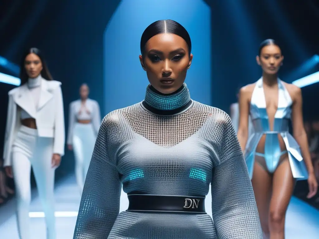 Desfile inclusivo de moda de lujo en entorno futurista Desfile de moda inclusiva para todos los cuerpos en una pasarela digital futurista