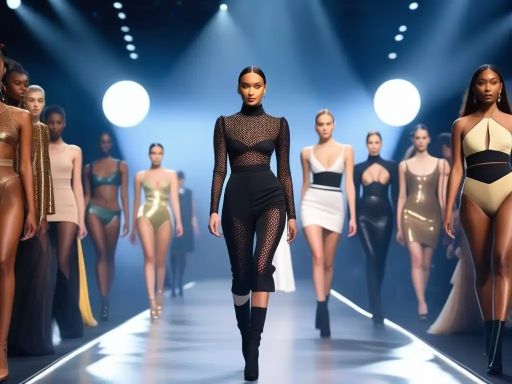 Desfile inclusivo: moda futurista en 8k Desfile de moda inclusiva para todos cuerpos en una pasarela futurista con modelos diversos luciendo prendas innovadoras