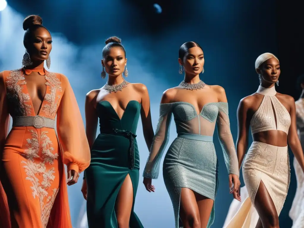Pasarela inclusiva: moda diversa y empoderamiento Desfile de moda inclusiva para todos cuerpos con modelos diversos desfilando con confianza en una pasarela de alta costura
