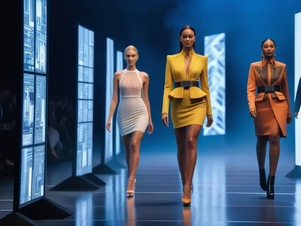 Desfile de moda futurista con tecnología wearable y diversidad de cuerpos Desfile de moda inclusiva para todos los cuerpos con tecnología futurista en pasarela digital