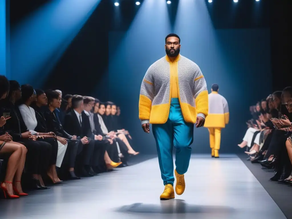 Desfile de moda inclusiva: diversidad en la pasarela Desfile de moda inclusiva para todos cuerpos con modelos diversos caminando con confianza en una pasarela futurista y luminosa