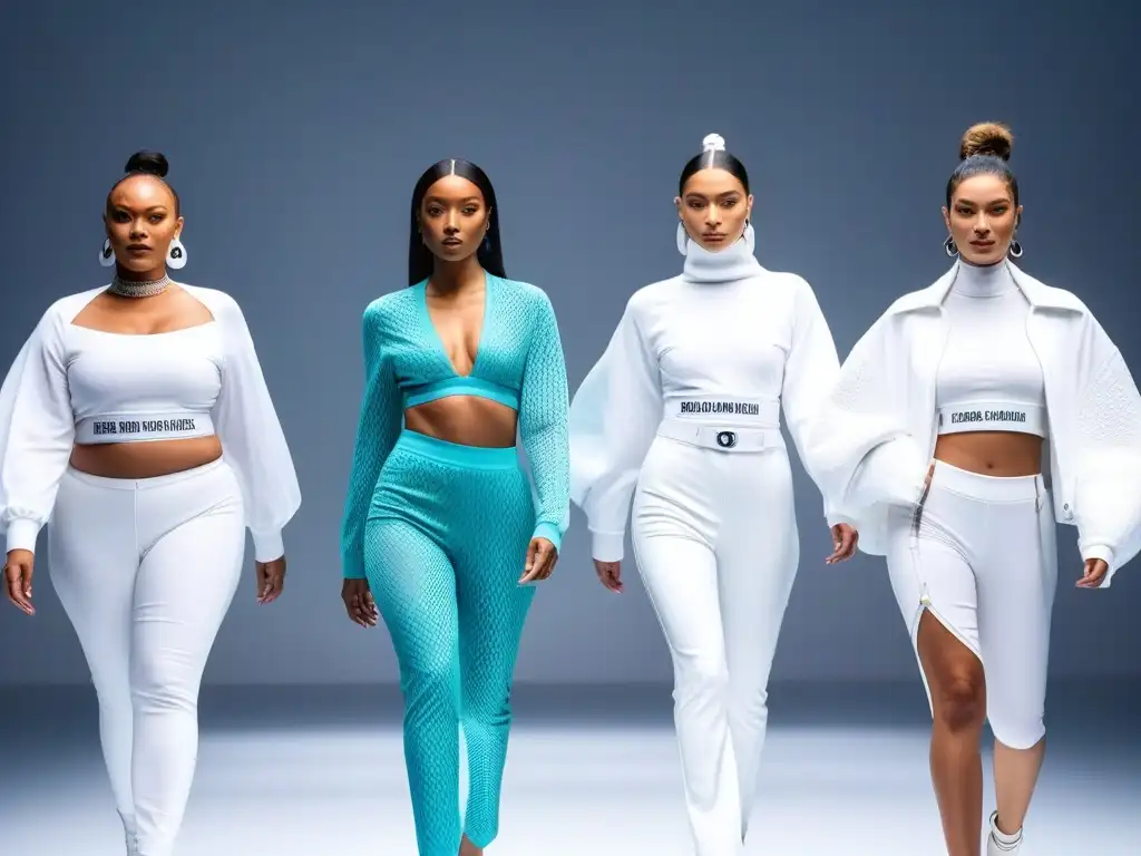 Desfile inclusivo: moda diversa y empoderadora Un desfile de moda inclusiva para todos cuerpos, con modelos diversos y mensajes de empoderamiento en una pasarela futurista