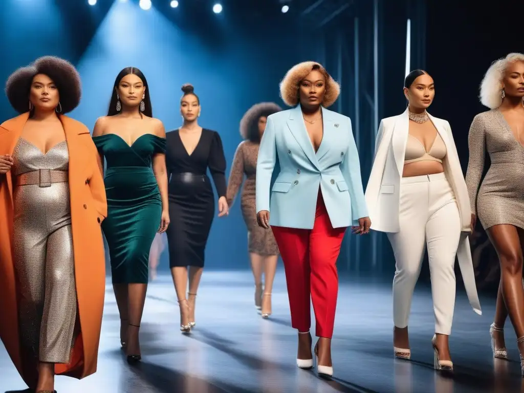 Desfile de moda inclusivo: celebrando la diversidad en la pasarela Desfile de moda inclusiva para todos los cuerpos con modelos diversos caminando con confianza por una pasarela moderna y brillante