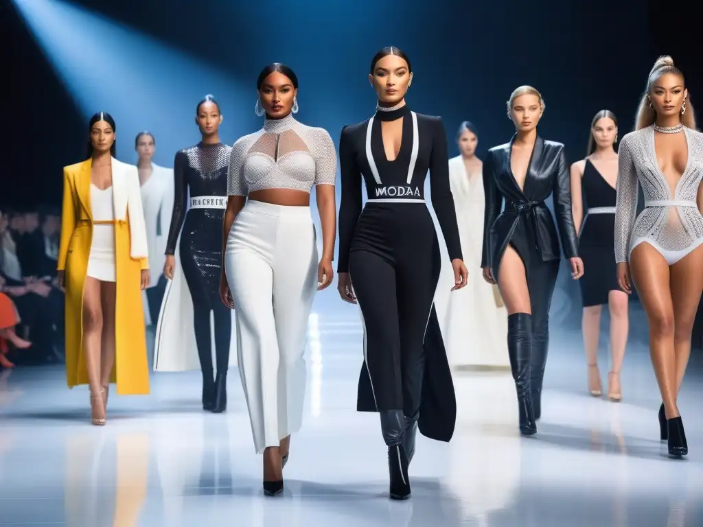 Desfile de Moda Inclusiva: Diversidad y Empoderamiento en la Pasarela Un desfile de moda inclusiva para todos los cuerpos, con modelos diversos exhibiendo diseños con confianza en una pasarela futurista y elegante