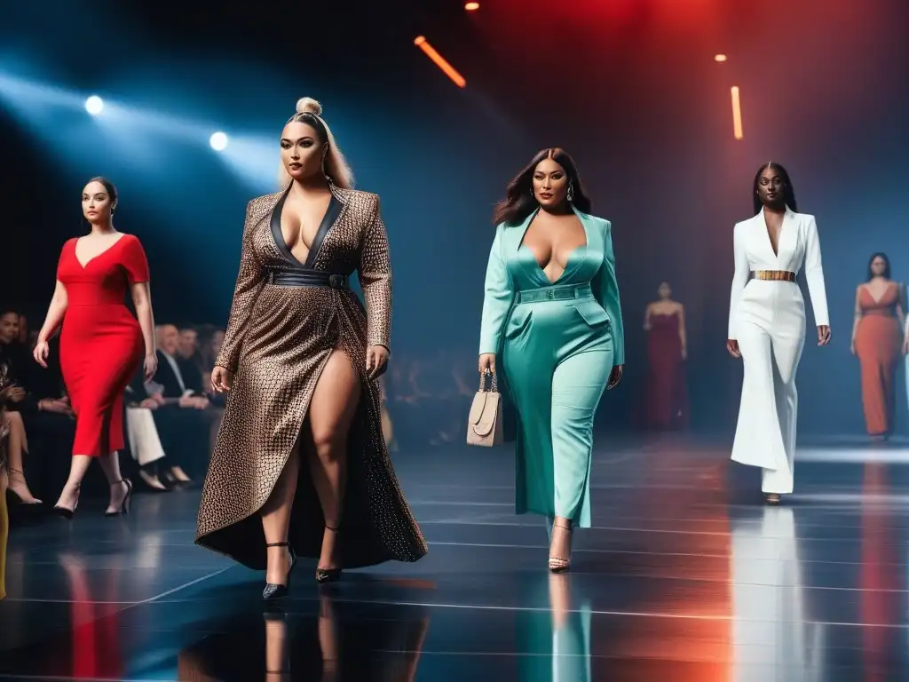 Desfile de moda inclusivo: diversidad de cuerpos y estilos Desfile de moda inclusiva para todos los cuerpos con modelos diversos luciendo prendas estilosas y radiando confianza en la pasarela brillante