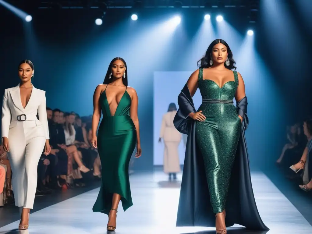 Desfile de moda inclusivo: diversidad y empoderamiento en la pasarela Desfile de moda inclusiva para todos cuerpos: modelos diversos desfilan con confianza, belleza y empoderamiento en una pasarela moderna y brillante