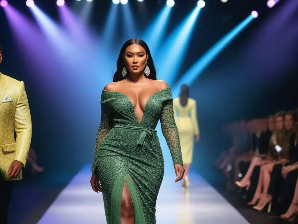 Pasarela inclusiva: diversidad y empoderamiento en la moda Desfile de moda inclusiva para todos cuerpos: modelos diversos caminan con confianza en una pasarela vibrante y moderna