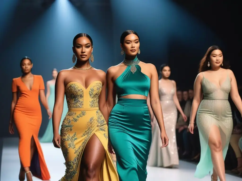 Desfile inclusivo: modelos diversos deslumbran en la pasarela Desfile de moda inclusiva para todos cuerpos con modelos diversos y público emocionado