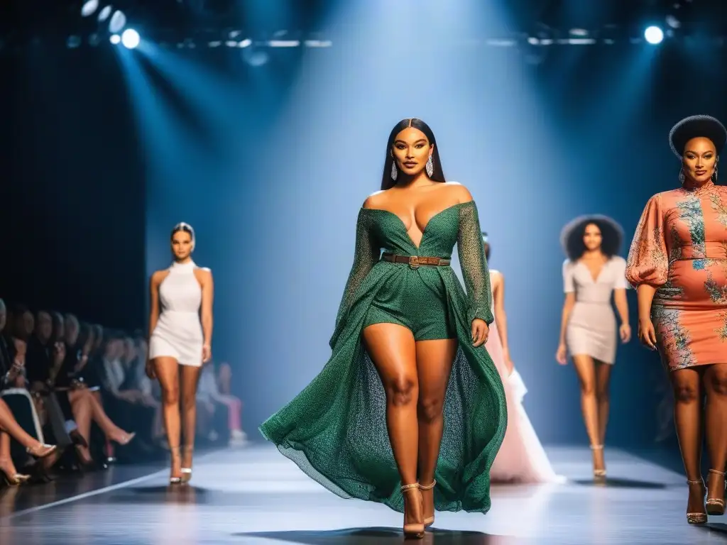 Desfile de moda inclusiva: diversidad y estilo en la pasarela Desfile de moda inclusiva para todos los cuerpos con modelos diversos en una pasarela chic y moderna, mostrando tendencias inclusivas y variadas
