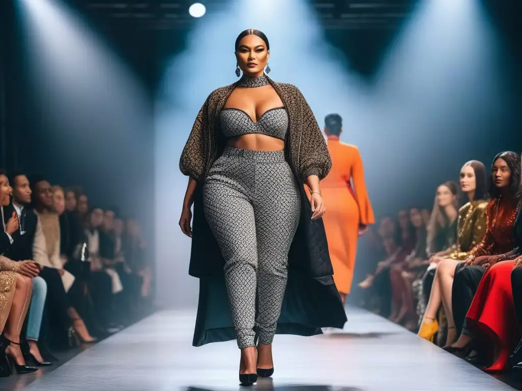 Desfile de moda inclusivo: diversidad, estilo y empoderamiento Desfile de moda inclusiva para todos cuerpos con modelos diversos mostrando confianza y empoderamiento en la pasarela