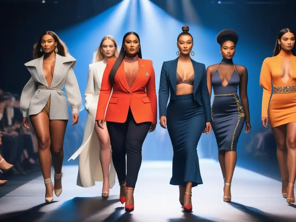 Desfile de moda inclusivo: diversidad de estilos y cuerpos en la pasarela Desfile de moda inclusiva para todos los cuerpos con modelos diversos y seguros de sí mismos en una pasarela iluminada