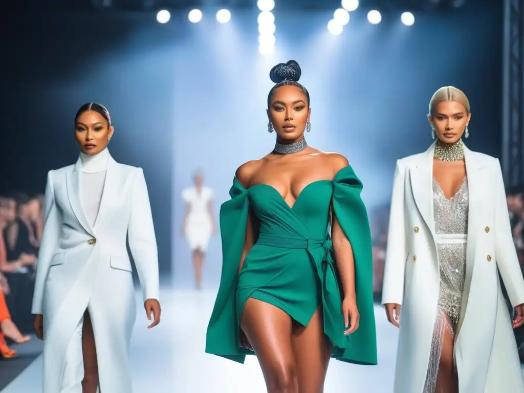 Desfile de moda inclusiva: diversidad y empoderamiento en la pasarela Desfile de moda inclusiva para todos cuerpos: modelos diversos y vibrantes luciendo con confianza diseños trendy en una pasarela futurista