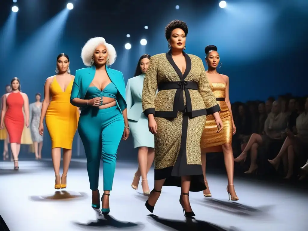 Desfile de moda inclusivo: Celebrando la diversidad con estilo Desfile de moda inclusiva para todos cuerpos con modelos diversos mostrando diseños únicos en una pasarela vibrante y moderna