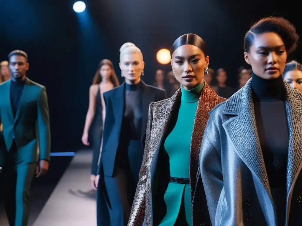 Desfile de moda inclusivo: diversidad y estilo sin límites Un desfile de moda inclusiva para todos los cuerpos, con modelos diversos desfilando con confianza y estilo en una pasarela moderna y futurista