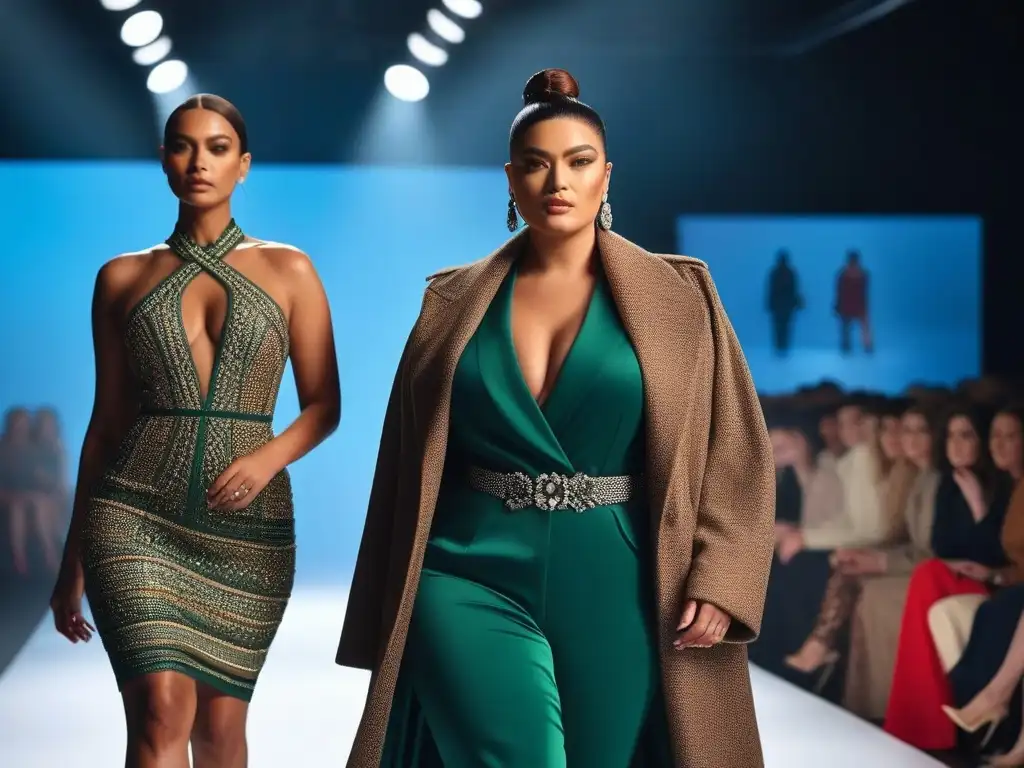Desfile de moda inclusiva: diversidad de estilos y cuerpos en pasarela Desfile de moda inclusiva para todos los cuerpos con personas diversas caminando con confianza por la pasarela, luciendo prendas inclusivas y modernas