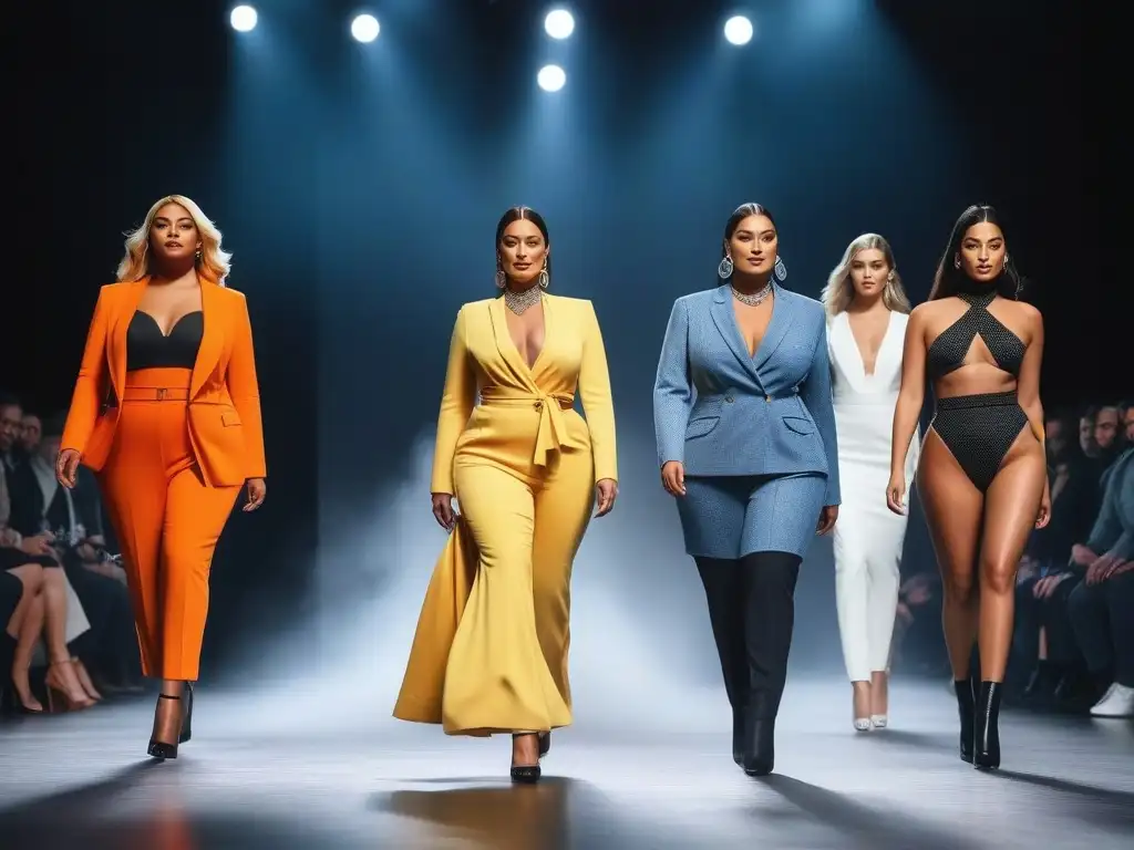 Desfile de moda inclusiva: Celebrando la diversidad de cuerpos Desfile de moda inclusiva para todos cuerpos con modelos diversos mostrando confianza y empoderamiento en pasarela