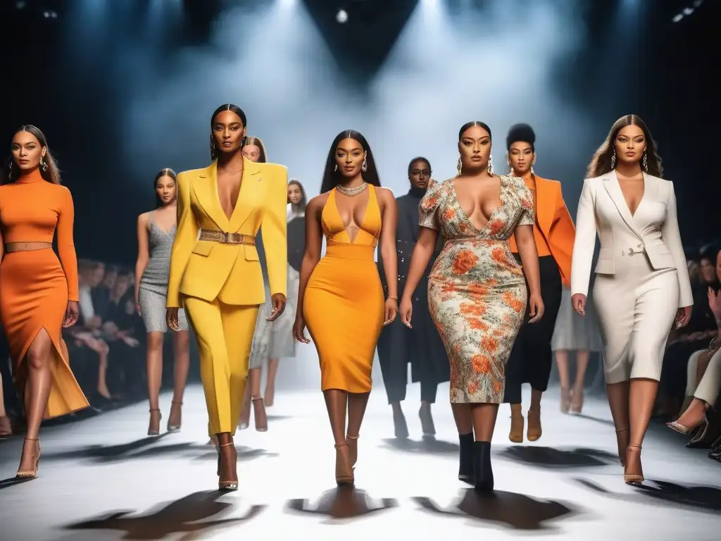 Desfile de moda inclusivo: Celebrando la diversidad con estilo Desfile de moda inclusiva para todos los cuerpos, con modelos diversos caminando con confianza y estilo, mientras la audiencia aplaude emocionada