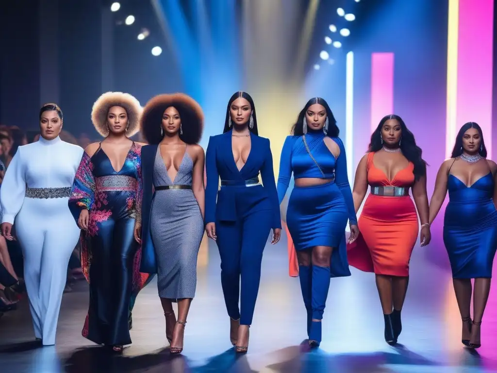 Desfile de moda inclusivo y vibrante en ciudad futurista Desfile de moda inclusiva para todos los cuerpos en una pasarela vibrante y diversa con un telón de fondo futurista iluminado