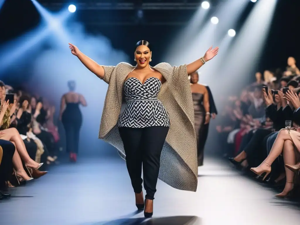 Desfile de moda inclusiva: diversidad y empoderamiento Desfile de moda inclusiva para todos cuerpos: modelos diversos caminan con confianza en la pasarela, rodeados de una multitud alegre y diversa
