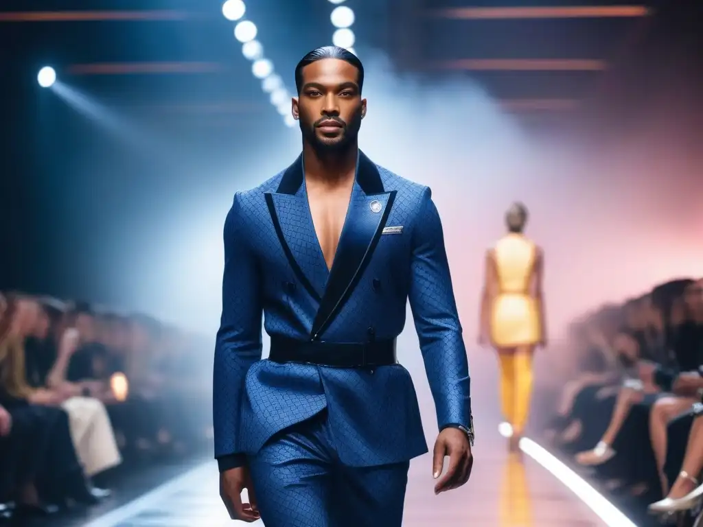 Desfile inclusivo: moda gender-neutral en pasarela futurista Desfile de moda inclusiva para todos los cuerpos con modelos diversos caminando con confianza en una pasarela moderna y futurista