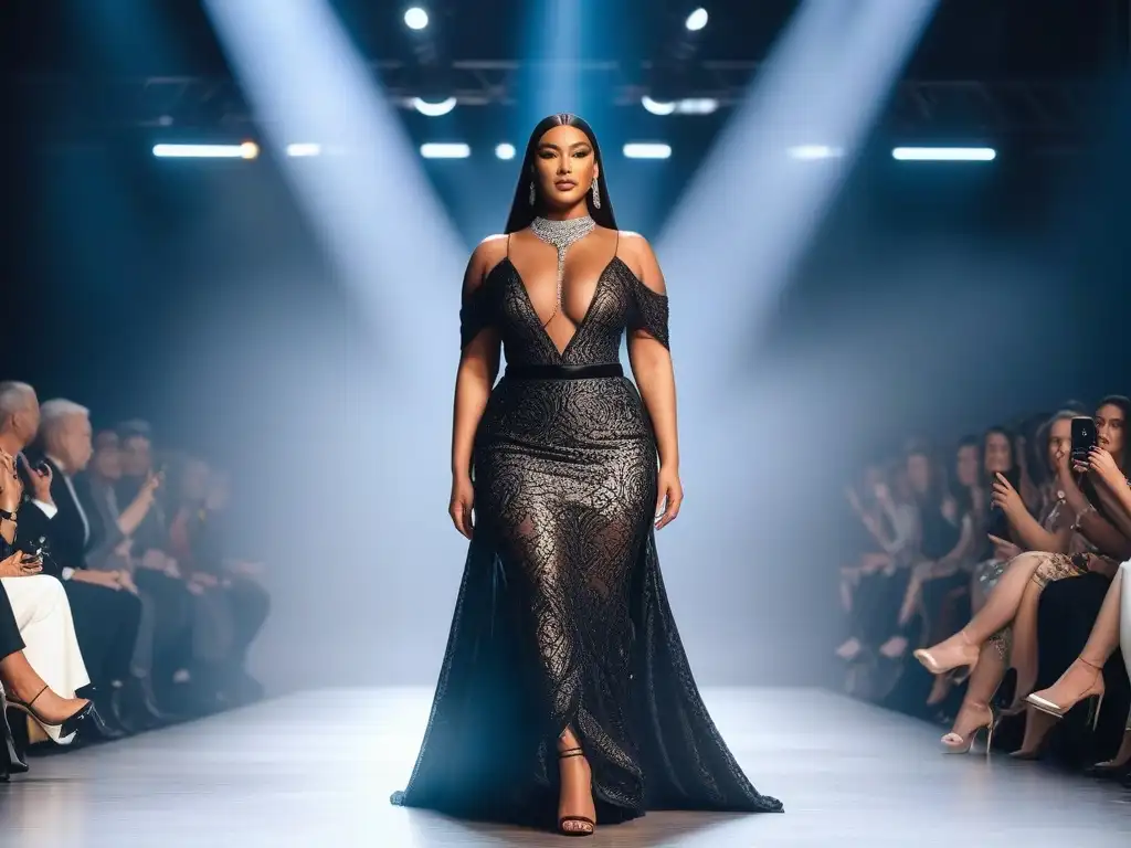 Desfile de moda inclusivo: belleza diversa y empoderamiento Desfile de moda inclusiva para todos cuerpos: modelos diversos caminan con confianza en una pasarela brillante y moderna
