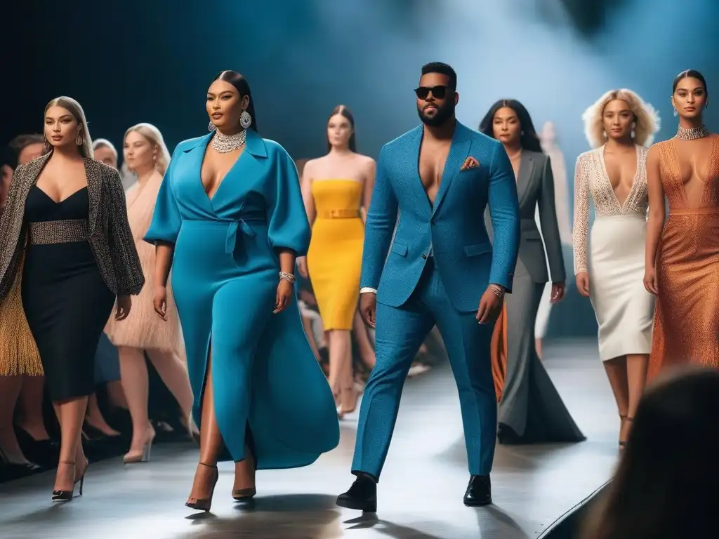 Desfile de moda inclusivo con modelos de todas las formas y etnias Desfile de moda inclusiva para todos cuerpos: modelos diversos caminan con confianza en la pasarela, rodeados de una multitud entusiasta