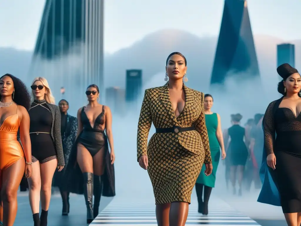 Pasarela de moda inclusiva: belleza y diversidad en la ciudad Desfile de moda inclusiva, cuerpos diversos caminando con autoaceptación y orgullo en una pasarela vibrante de la ciudad