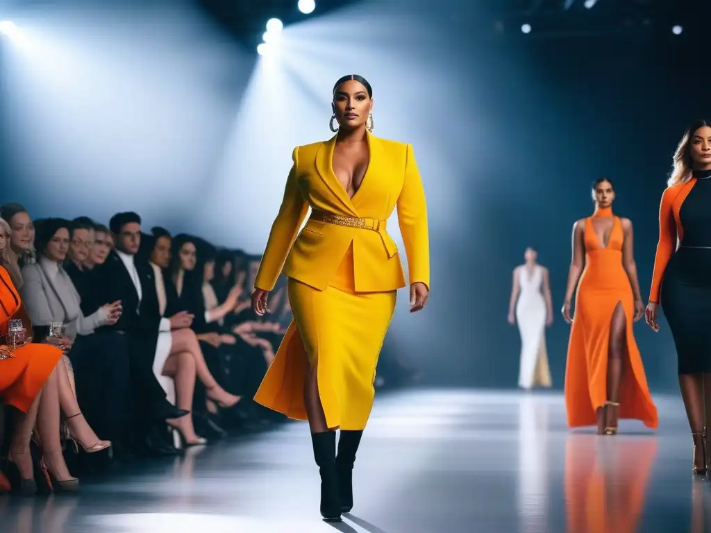 Pasarela de moda inclusiva: diversidad y empoderamiento Desfile de moda inclusiva con cuerpos diversos y autoaceptación, en una pasarela moderna y brillante