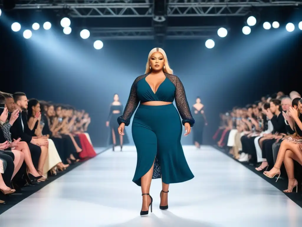 Diversidad en la pasarela: moda inclusiva para todos Desfile de moda inclusiva para todos cuerpos, modelos diversos caminando con confianza en la pasarela mientras son aplaudidos por una multitud variada