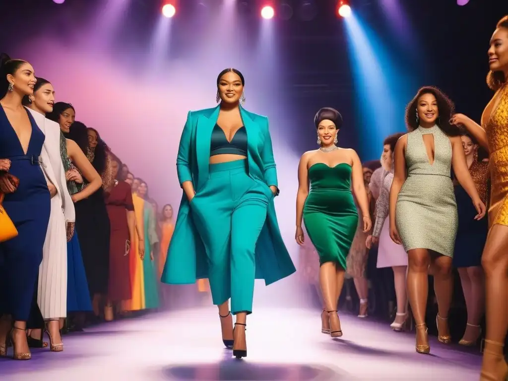 Desfile inclusivo: diversidad de cuerpos, etnias y habilidades Desfile de moda inclusiva para todos los cuerpos con modelos diversos caminando con confianza por la pasarela, rodeados de un público alegre y diverso