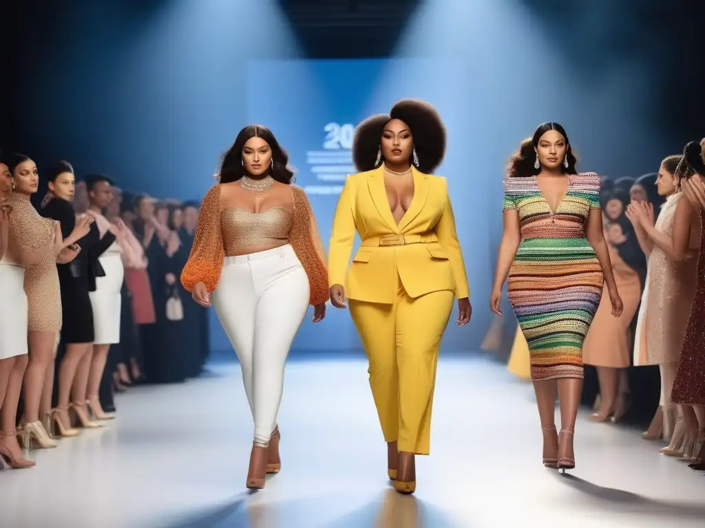 Desfile inclusivo: moda, diversidad y empoderamiento Desfile de moda inclusiva para todos cuerpos con modelos diversos mostrando confianza y estilo, rodeados de una multitud animada