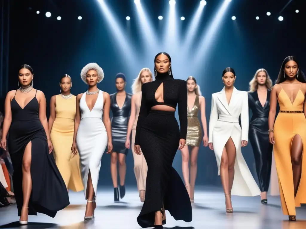 Desfile inclusivo: diversidad de modelos empoderados en pasarela futurista Un desfile de moda inclusiva para todos cuerpos, destacando diversidad y empoderamiento