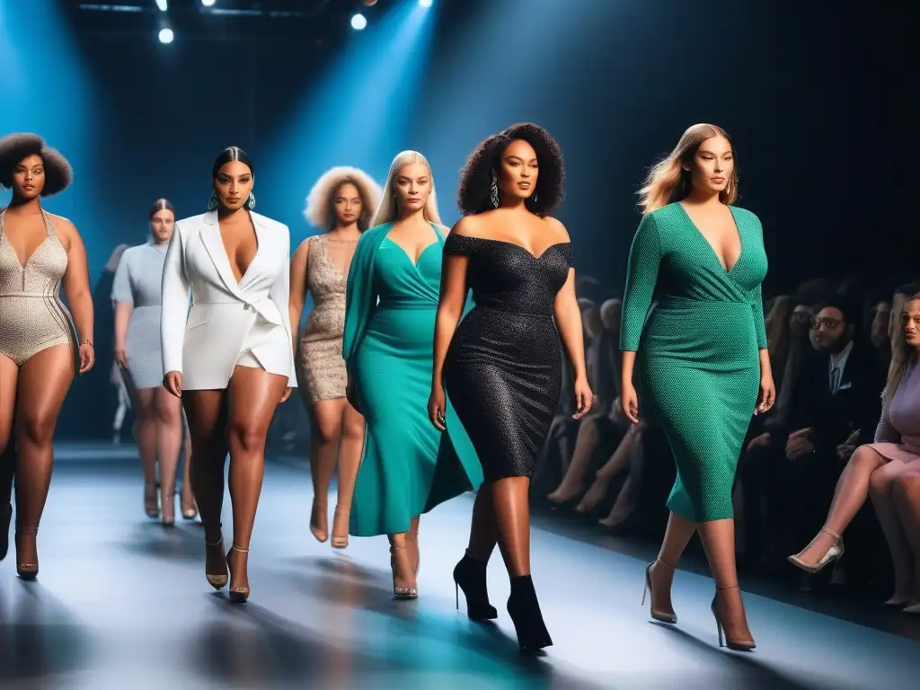 Desfile de moda inclusivo con modelos de diferentes cuerpos y edades Desfile de moda inclusiva para todos los cuerpos, diversidad en la pasarela con diseños de marcas top