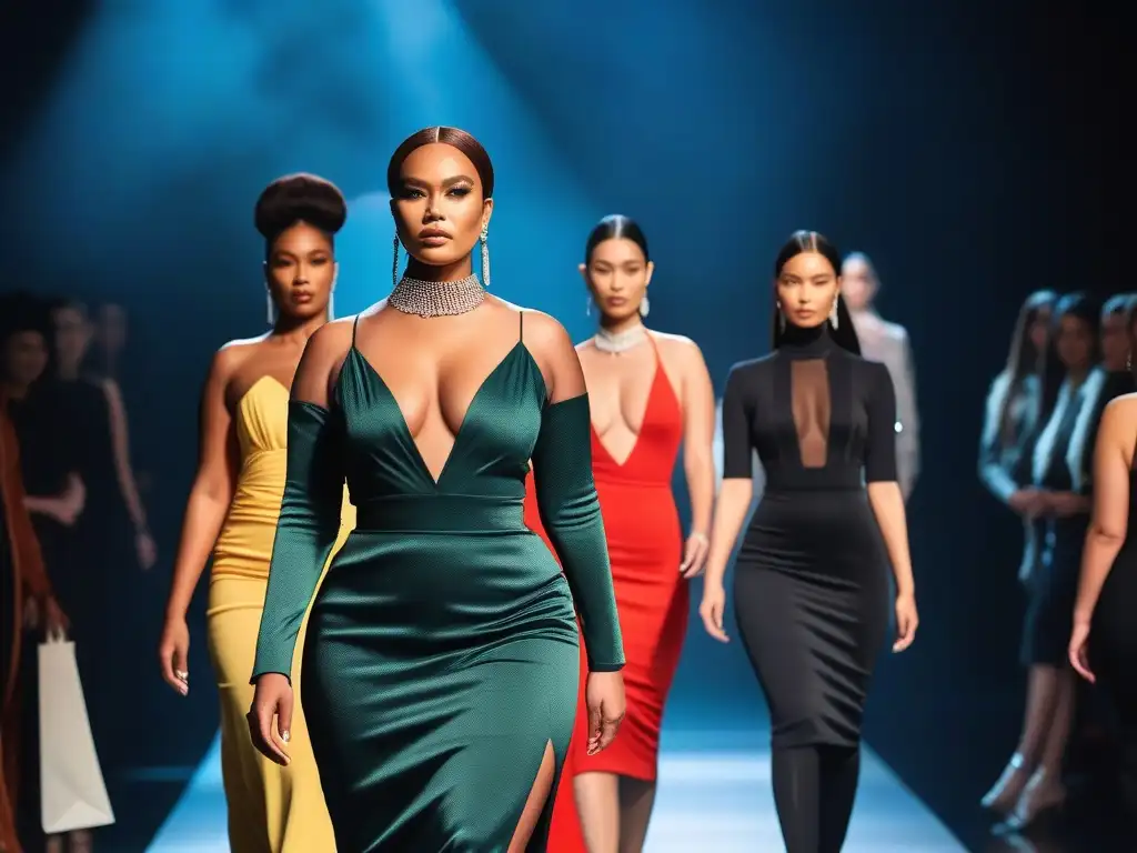 Desfile inclusivo: Celebrando la diversidad con moda para todos Desfile de moda inclusiva para todos cuerpos con modelos diversos caminando con confianza en una pasarela moderna y luminosa