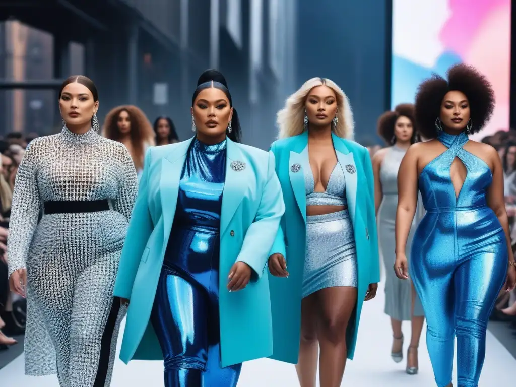 Desfile inclusivo: moda y diversidad en la pasarela del futuro Desfile de moda inclusiva para todos los cuerpos con modelos diversos y empoderados en una pasarela futurista