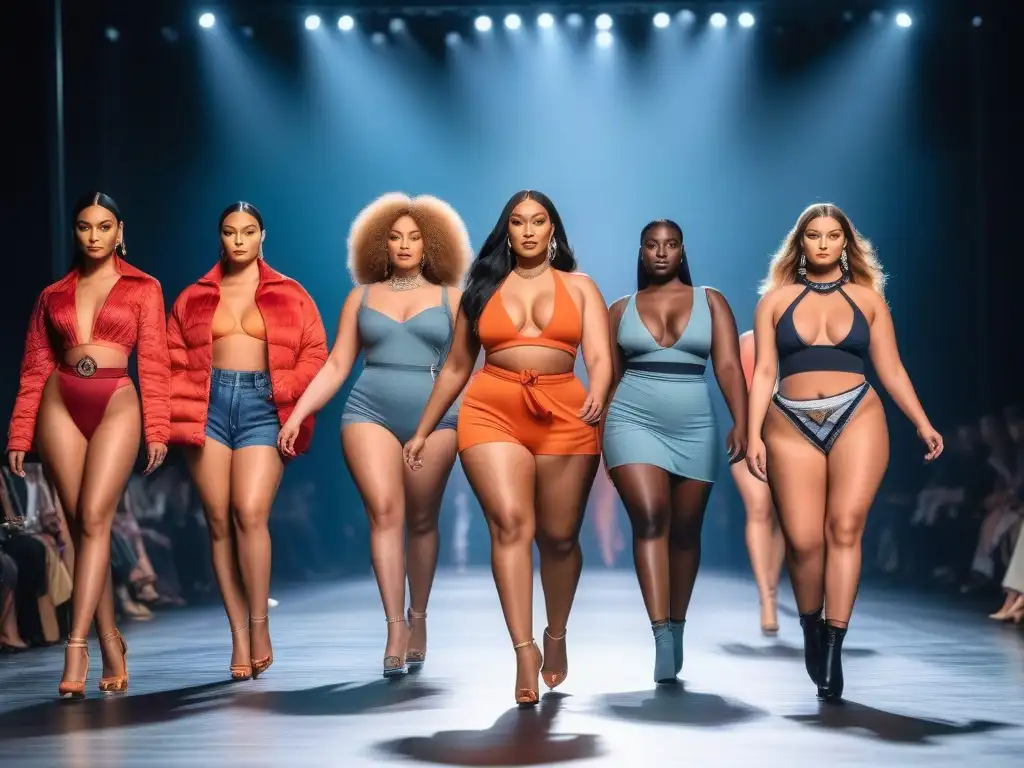 Desfile de moda inclusivo: diversidad de estilos y cuerpos Desfile de moda inclusiva para todos los cuerpos: modelos diversos caminan con confianza en una pasarela moderna y chic