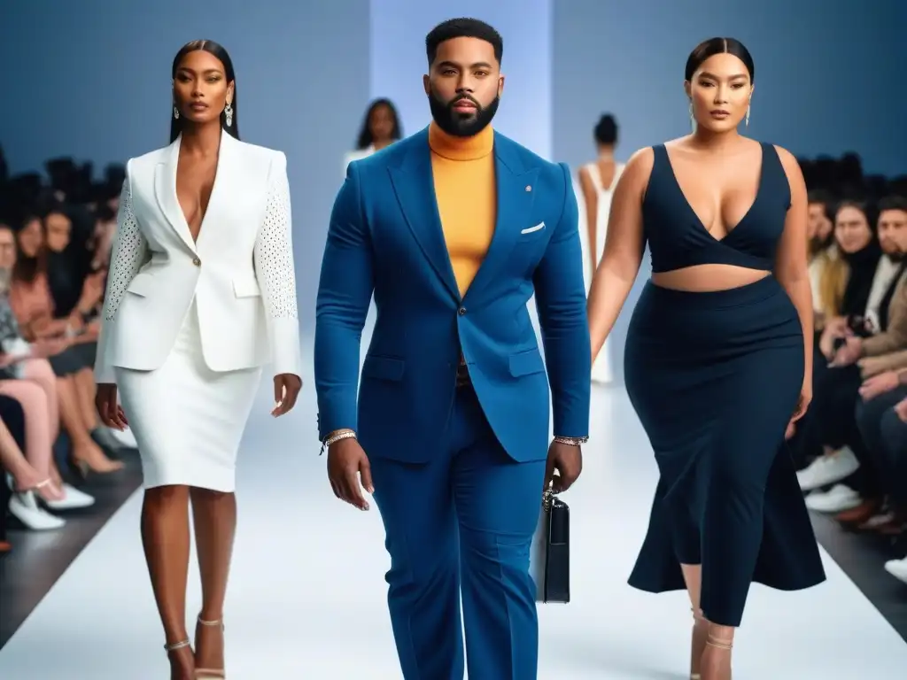 Desfile de moda inclusiva para todos los cuerpos, modelos diversos lucen outfits chic con confianza y empoderamiento
