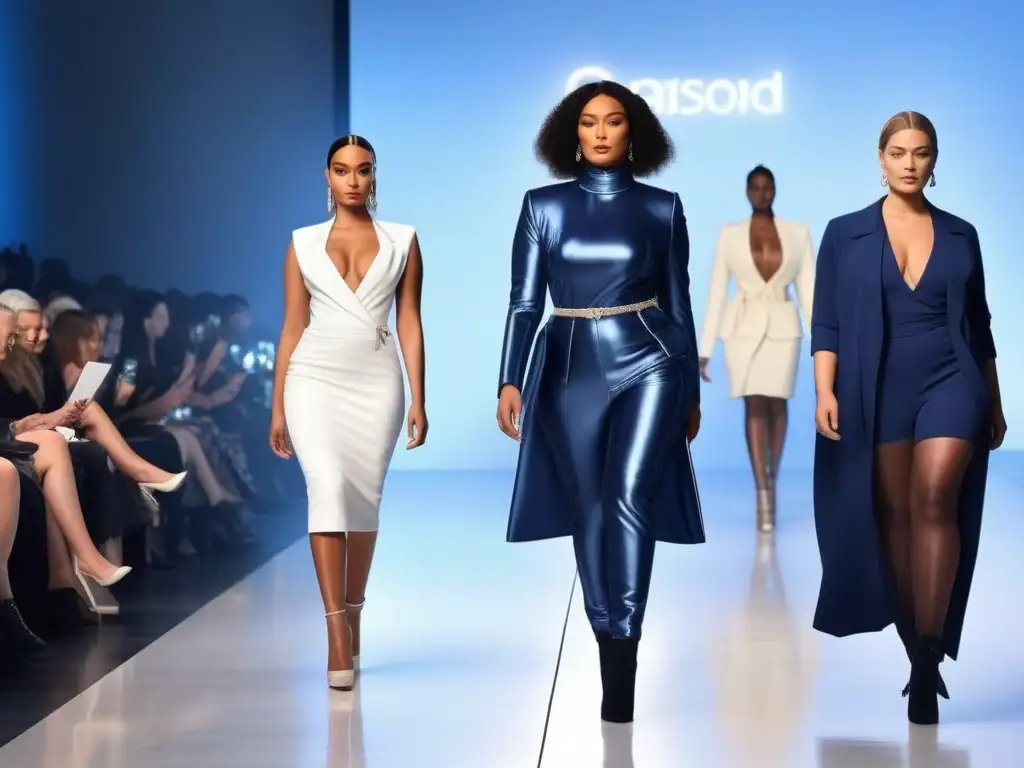 Desfile de moda inclusivo: diversidad y estilo en la pasarela Desfile de moda inclusiva para todos los cuerpos con modelos diversos caminando con confianza por la pasarela, luciendo atuendos únicos y trendy