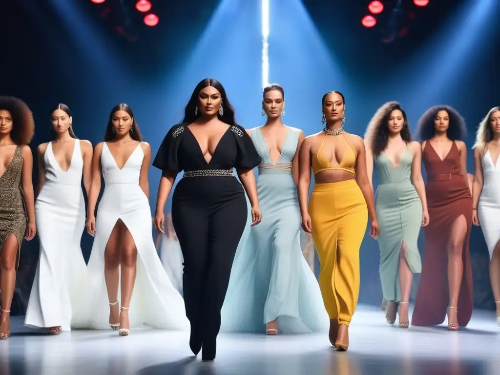 Desfile de moda inclusivo y empoderador con modelos diversos Desfile de moda inclusiva para todos cuerpos con modelos diversos exhibiendo confianza y estilo único en la pasarela