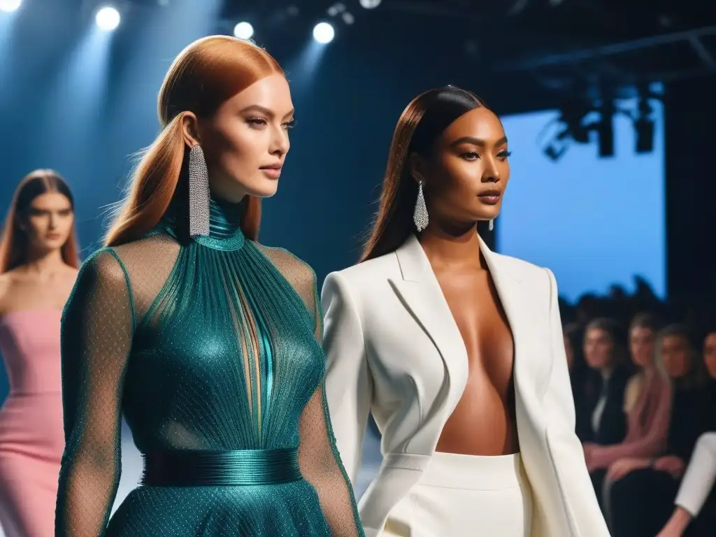 Colección inclusiva: Desfile de moda empoderador Desfile de moda inclusiva para todos cuerpos, con modelos diversos mostrando colección sostenible y audaz en pasarela de alta tecnología