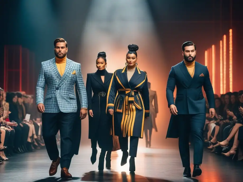 Desfile inclusivo: moda y diversidad en la ciudad Un desfile de moda inclusiva para todos cuerpos, con modelos diversos y confiados caminando por la pasarela entre luces de ciudad vibrantes