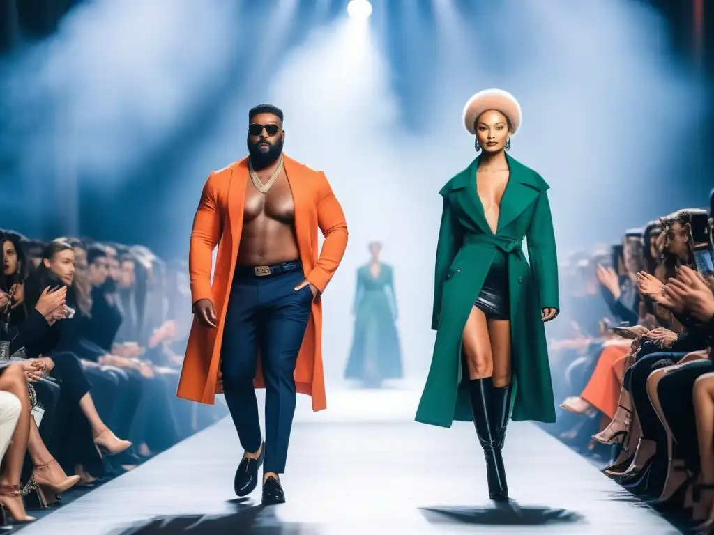 Desfile de moda inclusivo y sostenible: diversidad en la pasarela Desfile de moda inclusiva para todos cuerpos con modelos diversos luciendo diseños sostenibles y estilosos en una pasarela vibrante y futurista