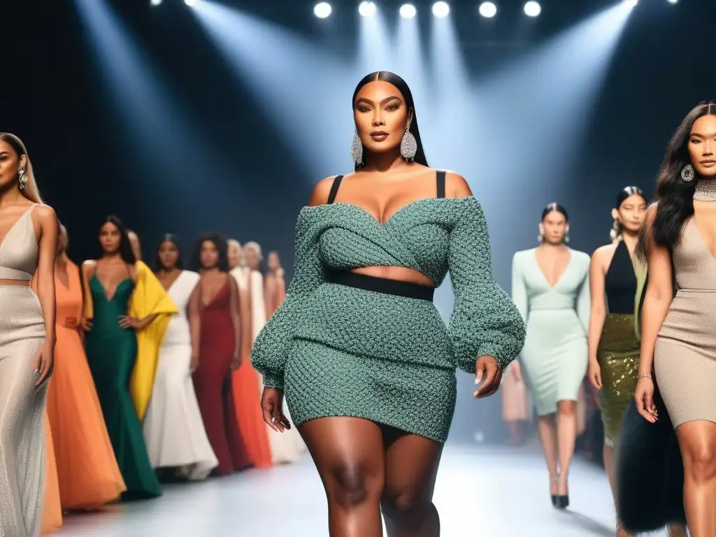 Desfile inclusivo: moda diversa y empoderadora Desfile de moda inclusiva para diferentes cuerpos en una pasarela brillante y moderna, con modelos diversos empoderados
