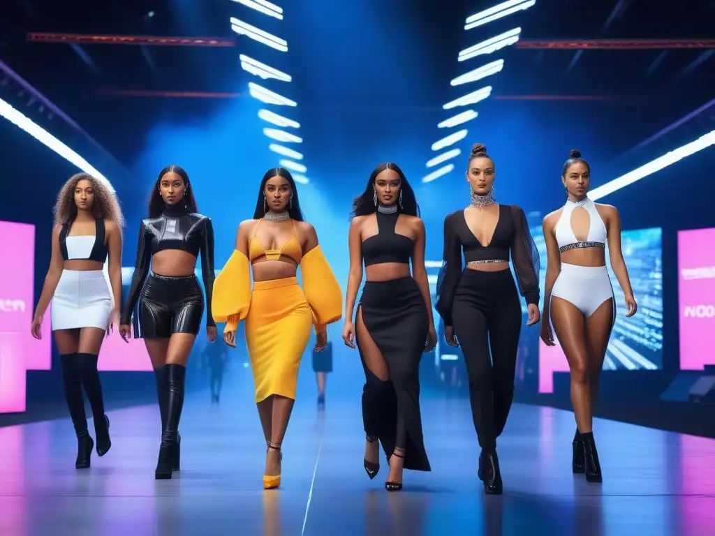 Desfile inclusivo de moda tecnológica: diversidad y empoderamiento Desfile de moda inclusiva para todos cuerpos en una pasarela futurista con modelos diversos irradiando confianza y celebrando la individualidad