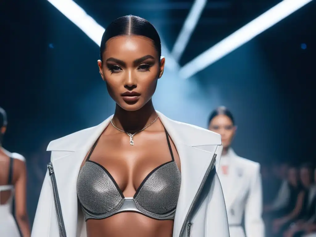 Desfile futurista: moda inclusiva y tecnología de lujo Desfile de moda inclusiva para todos los cuerpos en una pasarela futurista con tecnología de alta gama